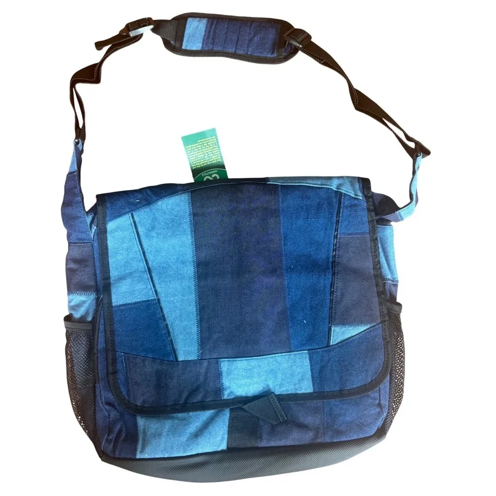 TerraCycle Denim Laptop Messenger Bag Upcycled Patchwork Blue Eco Friendly NWT
